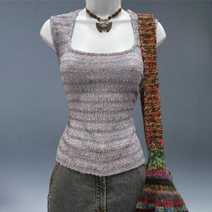 Vintage 90s Star CCC textured knit pastel sleeveless top square neck USA size L